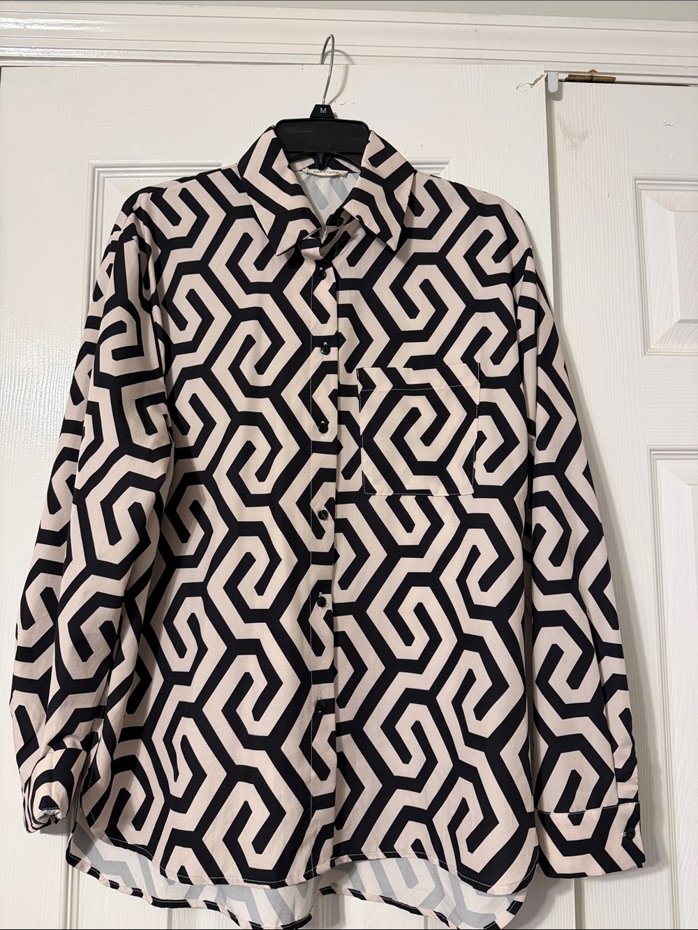 Geometric Black & Cream Button-Front Blouse